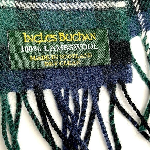 Men’s Ingles Buchan Wool Scarf Green Blue Tartan Plaid Fringe Made in Scotland - Picture 5 of 5